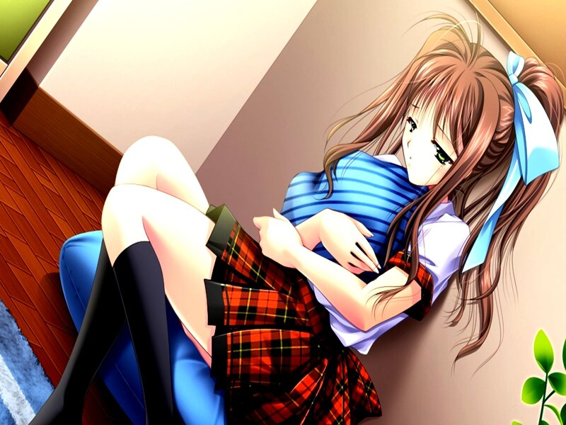 Anime Girl in School Uniform — Brown, Calm, Blue Chair