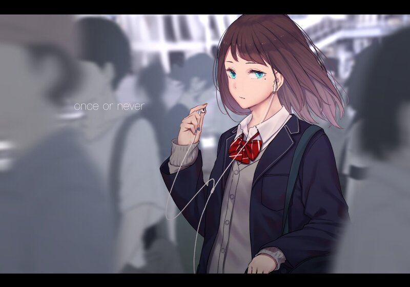 Anime Girl in School Uniform — Brown, Calm, Digital Art, Earbuds
