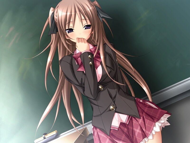 Anime Girl in School Uniform — Brown, Calm, School Uniform, Blackboard