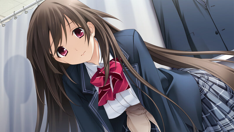 Anime Girl in School Uniform — Brown, Calm, School Uniform, Red Bow