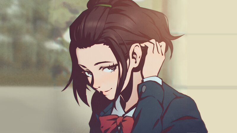 Anime Girl in School Uniform — Brown, Calm, School Uniform, Red Bow Tie