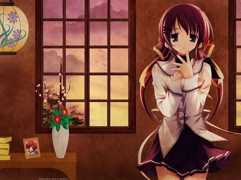 Anime Girl in School Uniform — Brown, Calm, Sunset, Window