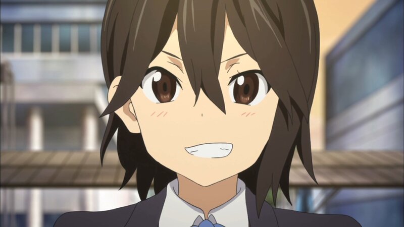 Anime Girl in School Uniform — Brown, Cheerful, Afternoon