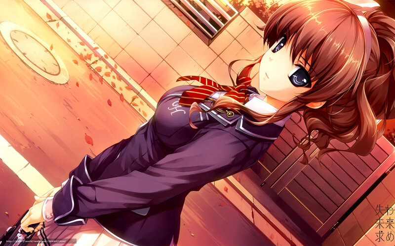 Anime Girl in School Uniform — Brown, Dramatic, Autumn, School Uniform, Fallen Leaves