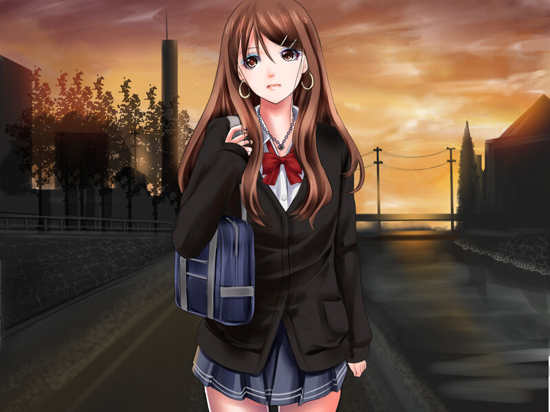 Anime Girl in School Uniform — Brown, Dramatic, Sunset, Digital Art