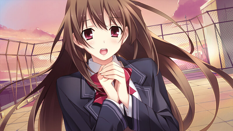 Anime Girl in School Uniform — Brown, Dramatic, Sunset, School Uniform, Fence