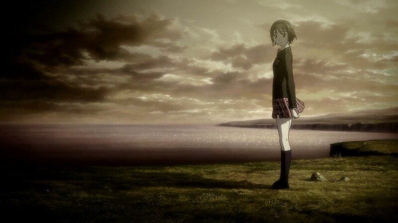 Anime Girl in School Uniform — Brown, Dramatic, Sunset