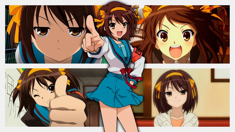 Anime Girl in School Uniform — Brown, Energetic, School Uniform, Yellow Bows