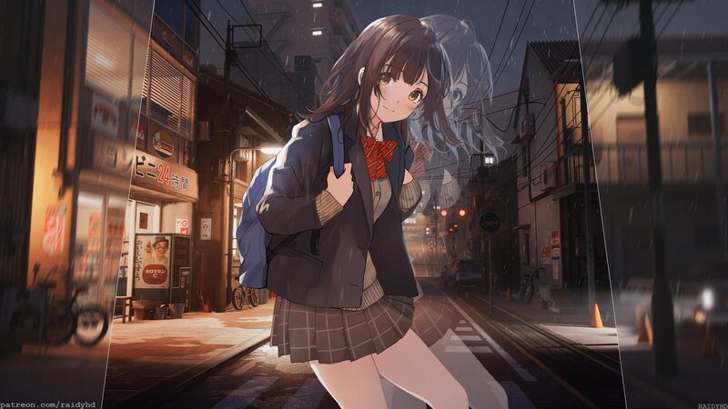 Anime Girl in School Uniform — Brown, Melancholic, Night