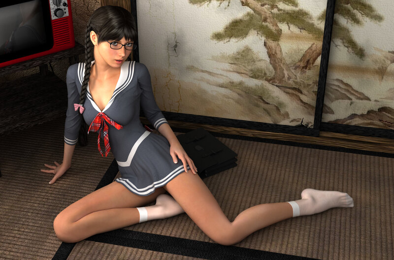 Anime Girl in School Uniform — Gray, Calm, 3d Render