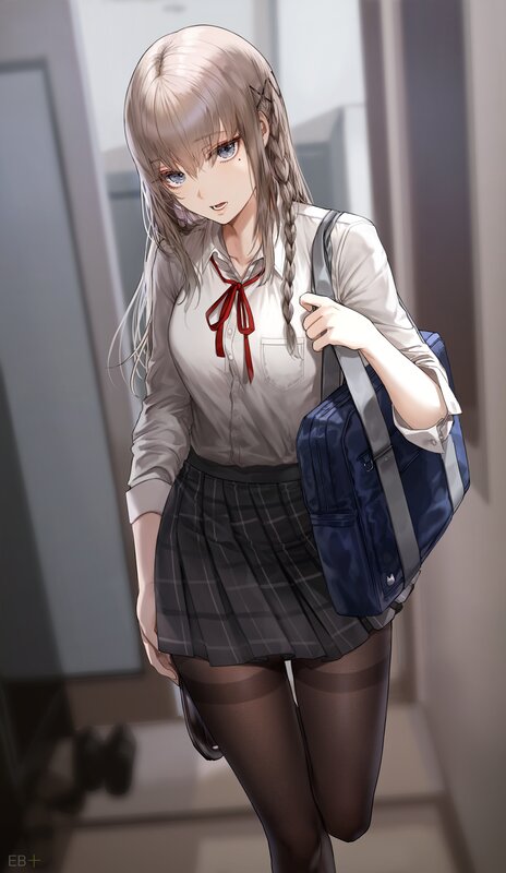 Anime Girl in School Uniform — Gray, Calm, Digital Art, School Bag