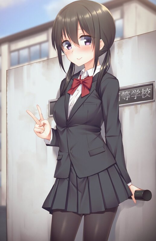 Anime Girl in School Uniform — Gray, Cheerful, Afternoon