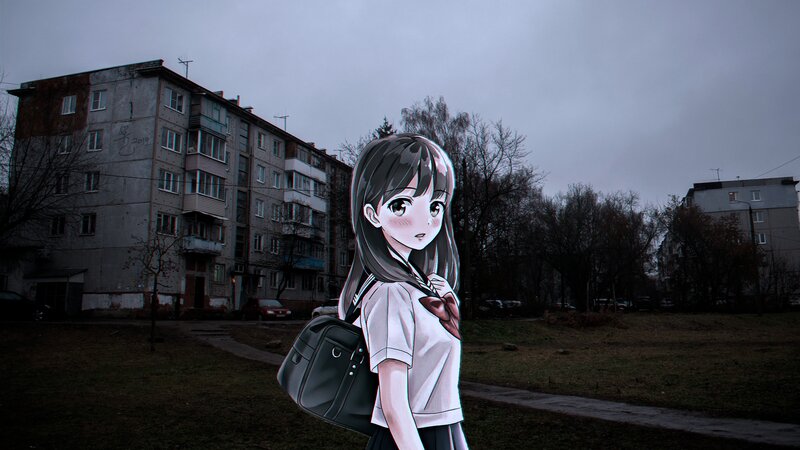 Anime Girl in School Uniform — Gray, Dramatic, Autumn