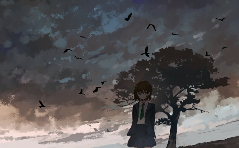 Anime Girl in School Uniform — Gray, Dramatic, Sunset