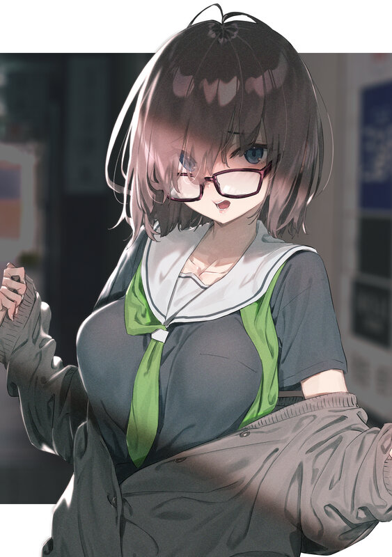 Anime Girl in School Uniform — Gray, Neutral, Digital Art, Glasses