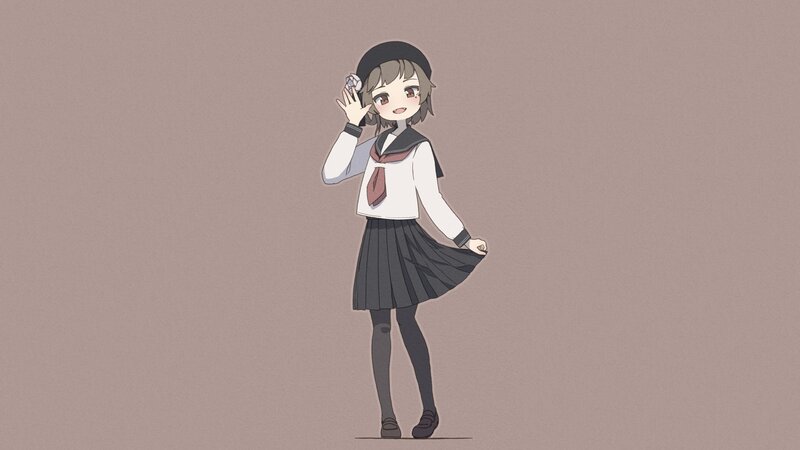 Anime Girl in School Uniform — Gray, Neutral, School Uniform, Beret
