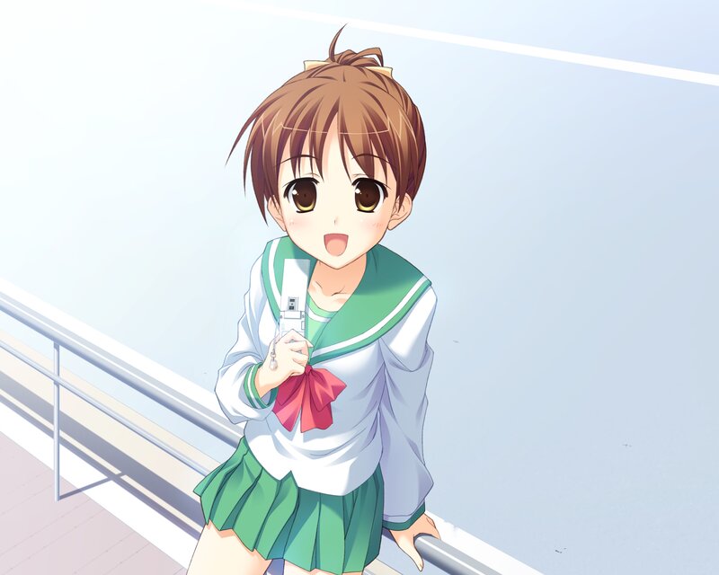 Anime Girl in School Uniform — Green, Cheerful, Afternoon