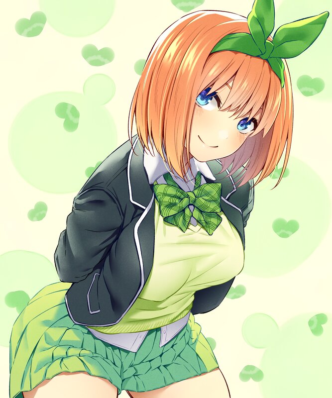Anime Girl in School Uniform — Green, Cheerful, Green Bow