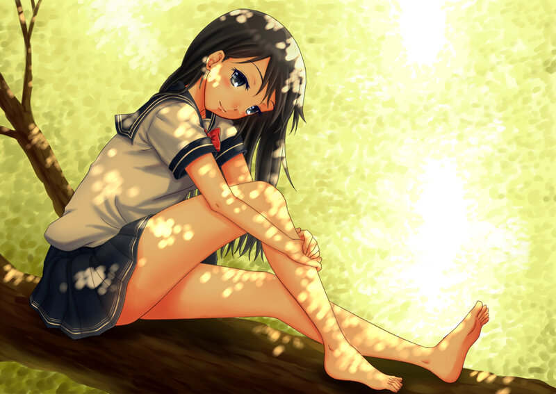 Anime Girl in School Uniform — Green, Serene, Afternoon, Tree Branch