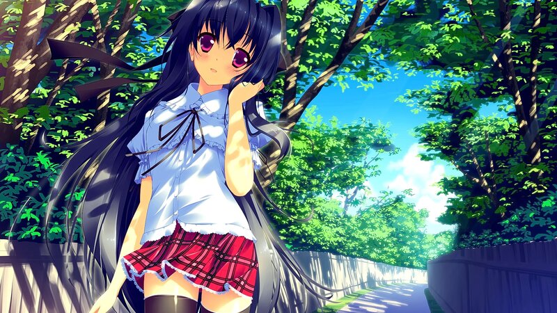 Anime Girl in School Uniform — Green, Serene, Afternoon, Trees, Path
