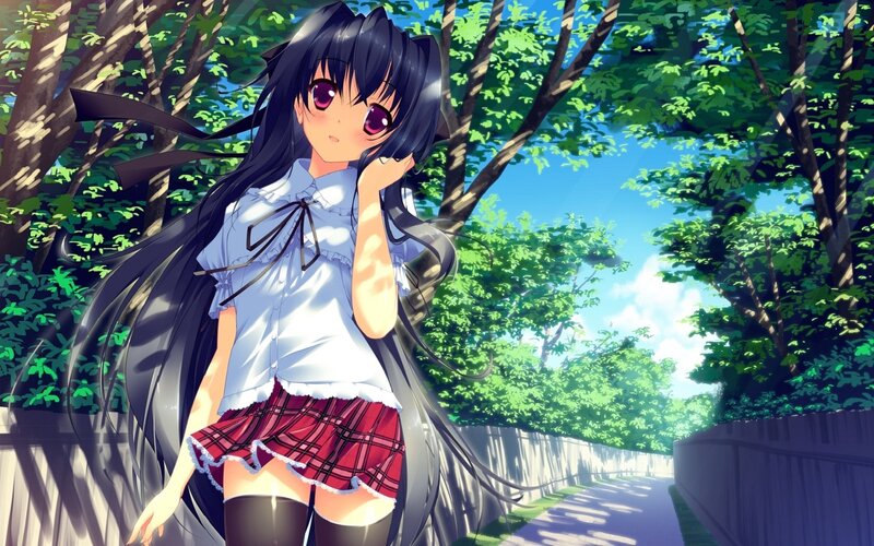 Anime Girl in School Uniform — Green, Serene, Afternoon, Trees