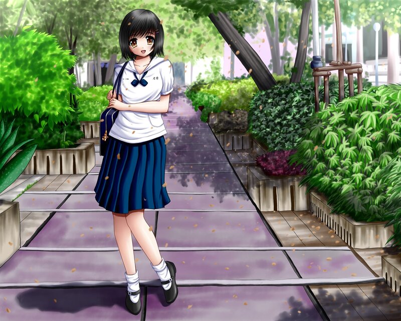 Anime Girl in School Uniform — Green, Serene, Autumn