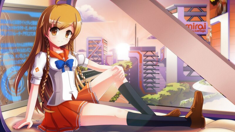 Anime Girl in School Uniform — Orange, Calm, Sunset, School Uniform, Cityscape, Window