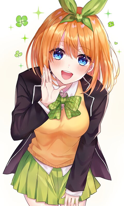 Anime Girl in School Uniform — Orange, Cheerful, Green Bow
