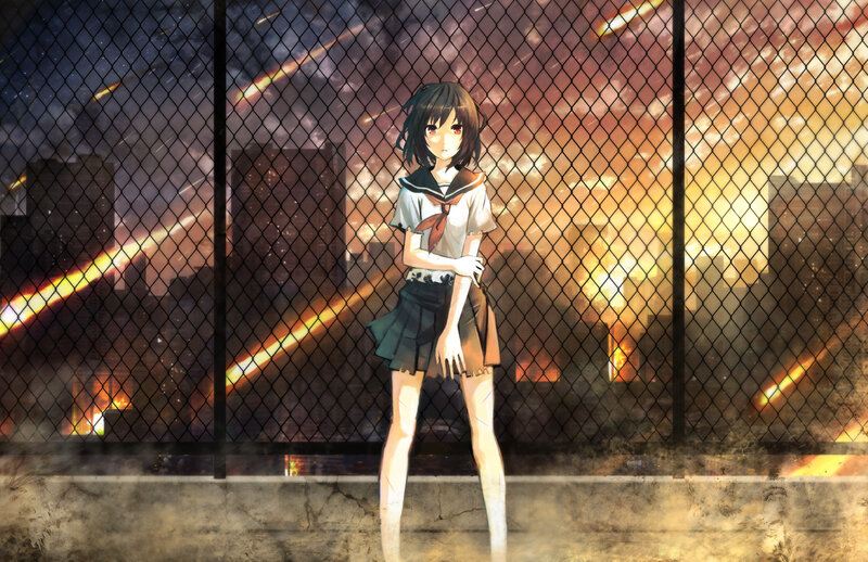 Anime Girl in School Uniform — Orange, Dramatic, Night