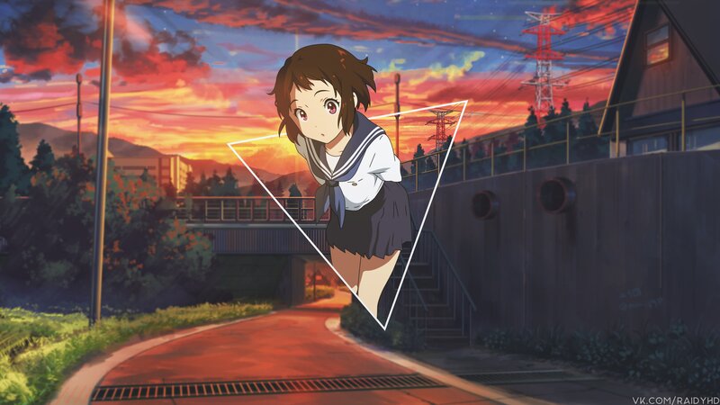 Anime Girl in School Uniform — Orange, Dramatic, Sunset, Bridge