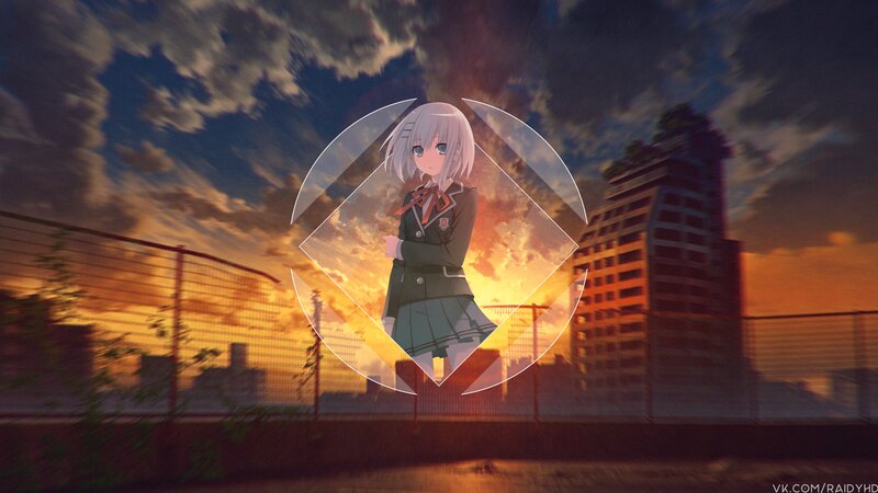 Anime Girl in School Uniform — Orange, Dramatic, Sunset, City Skyline, Fence