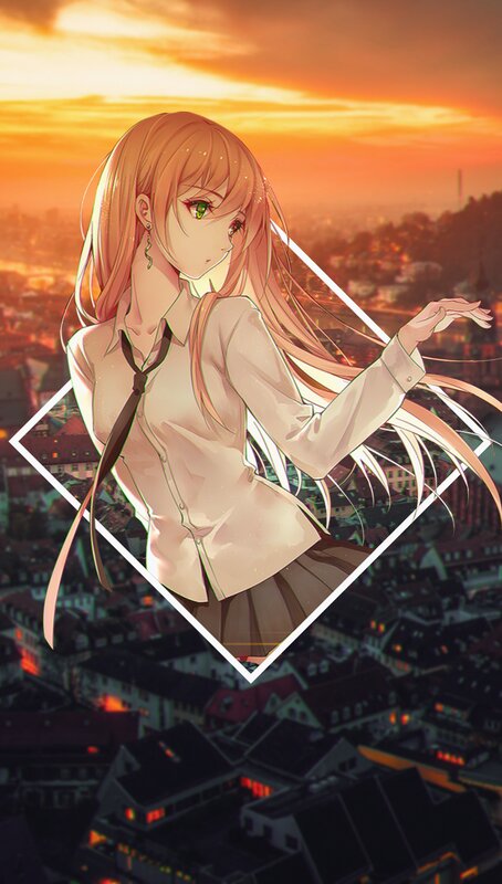 Anime Girl in School Uniform — Orange, Dramatic, Sunset, Digital Art, Cityscape