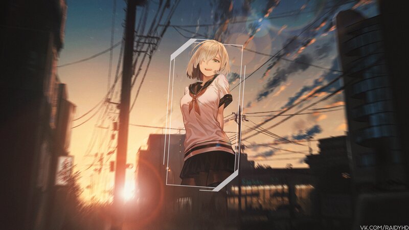 Anime Girl in School Uniform — Orange, Dramatic, Sunset, Digital Art, Power Lines