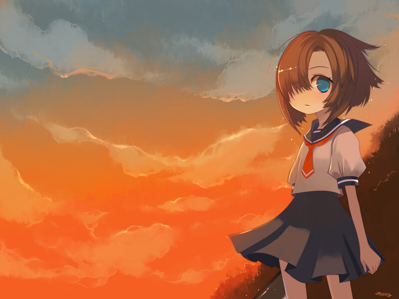 Anime Girl in School Uniform — Orange, Dramatic, Sunset, Digital Art, School Uniform, Sky, Clouds