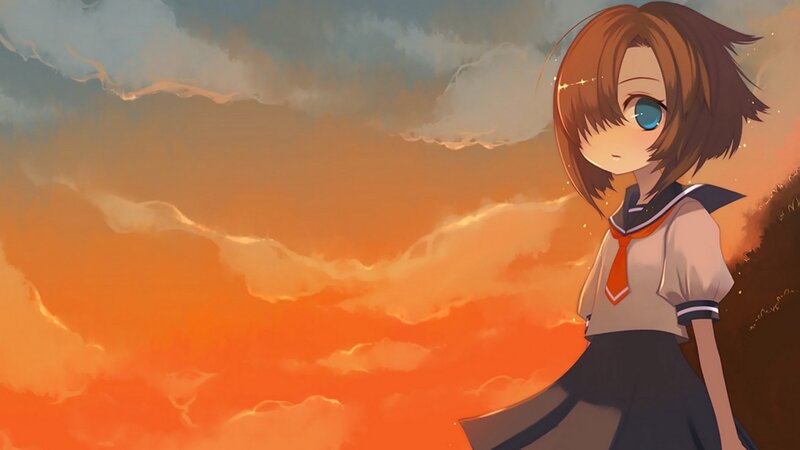 Anime Girl in School Uniform — Orange, Dramatic, Sunset, Digital Art, School Uniform