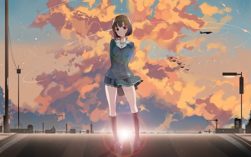 Anime Girl in School Uniform — Orange, Dramatic, Sunset, Digital Art, Sky, Airplane