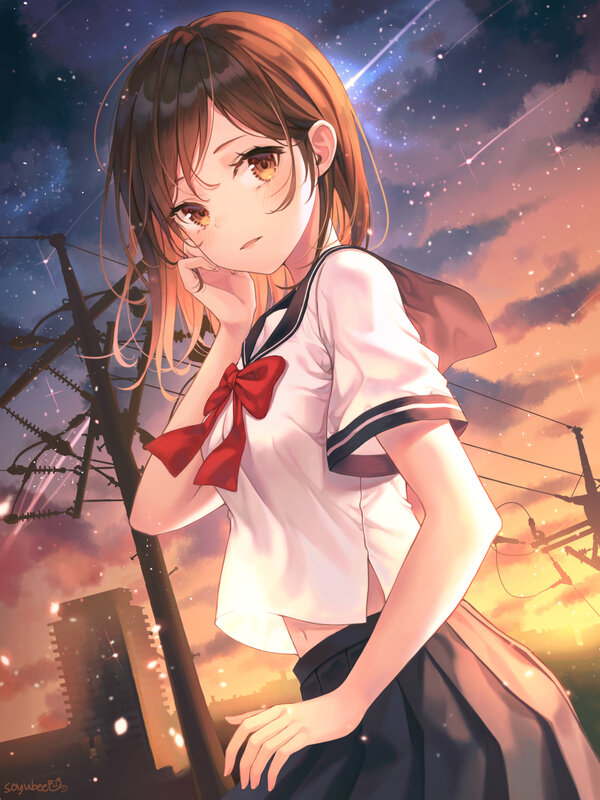 Anime Girl in School Uniform — Orange, Dramatic, Sunset, Digital Art, Sky, Power Lines