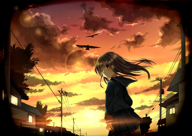 Anime Girl in School Uniform — Orange, Dramatic, Sunset, Digital Art