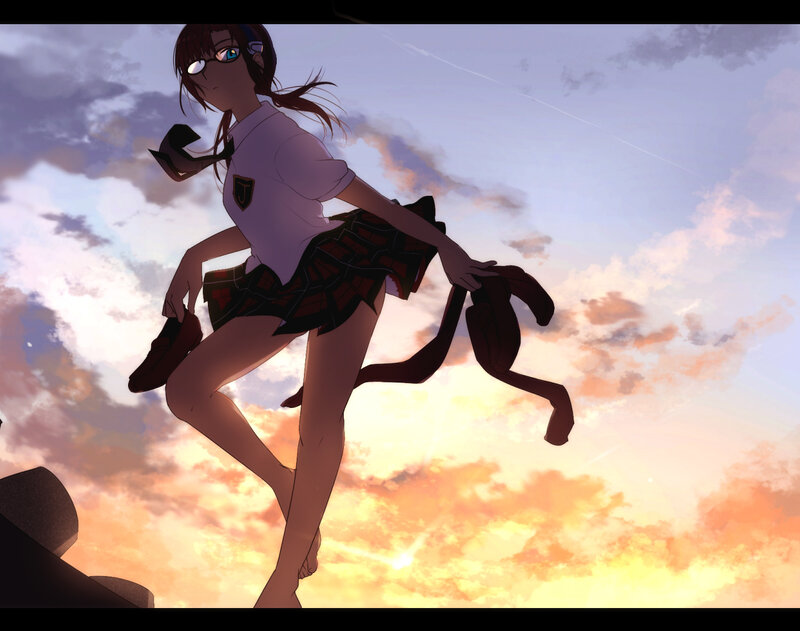 Anime Girl in School Uniform — Orange, Dramatic, Sunset, Glasses