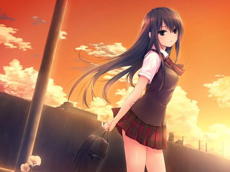 Anime Girl in School Uniform — Orange, Dramatic, Sunset, School Bag