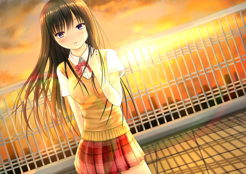 Anime Girl in School Uniform — Orange, Dramatic, Sunset, School Uniform, Fence
