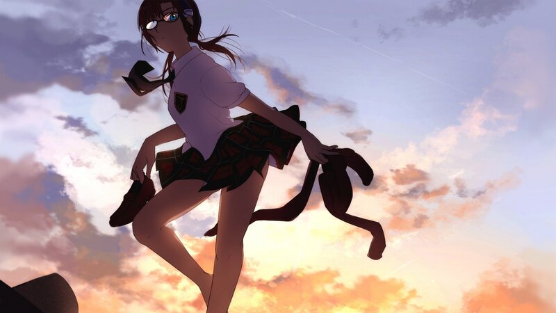 Anime Girl in School Uniform — Orange, Dramatic, Sunset, School Uniform, Glasses, Purple, Blue