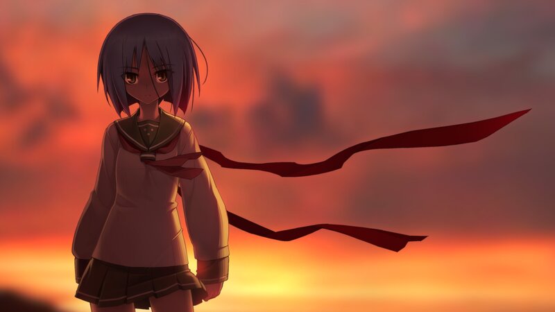 Anime Girl in School Uniform — Orange, Dramatic, Sunset, School Uniform, Ribbon, Red