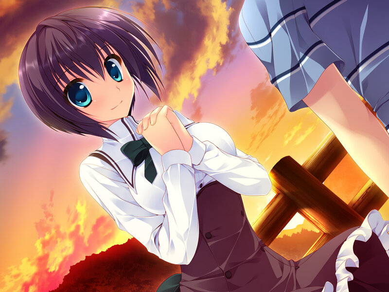 Anime Girl in School Uniform — Orange, Dramatic, Sunset, School Uniform, Wooden Structure