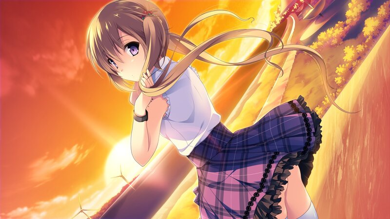 Anime Girl in School Uniform — Orange, Dramatic, Sunset, Wind Turbines