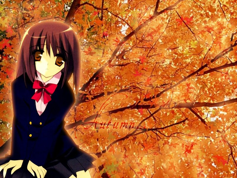 Anime Girl in School Uniform — Orange, Serene, Autumn