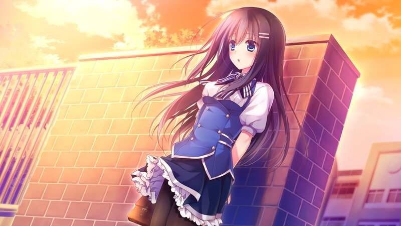 Anime Girl in School Uniform — Orange, Serene, Sunset, Brick Wall
