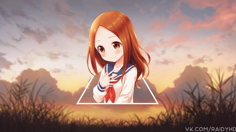 Anime Girl in School Uniform — Orange, Serene, Sunset, Digital Art, Grass