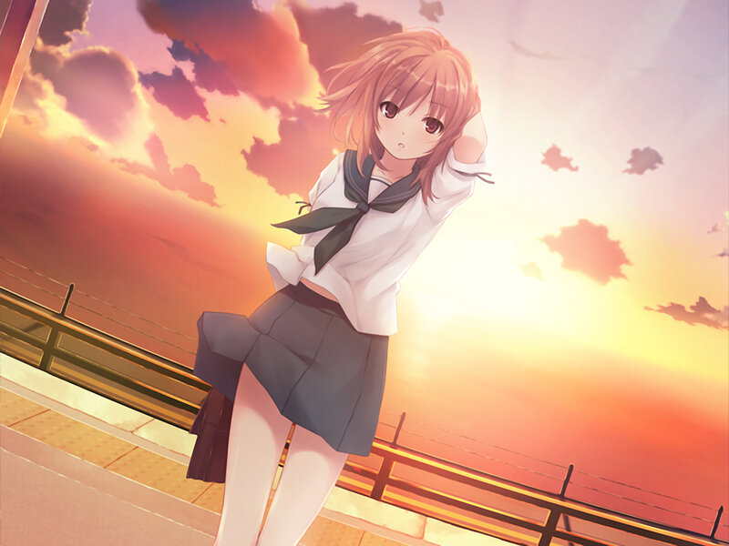 Anime Girl in School Uniform — Orange, Serene, Sunset, Skirt
