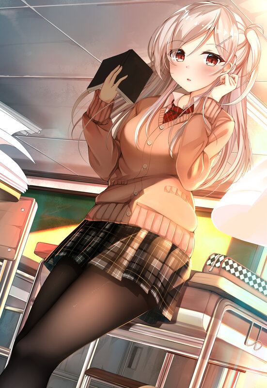 Anime Girl in School Uniform — Pink, Calm, Afternoon, Book